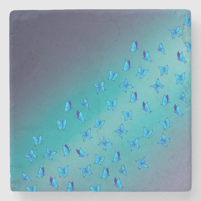 Enchanted Blue Butterflies Green  Stone Coaster (Front)