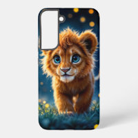 Enchanted blue-eyed lion cub in firefly glow