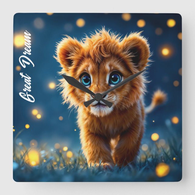 Enchanted blue-eyed lion cub in firefly glow square wall clock (Front)