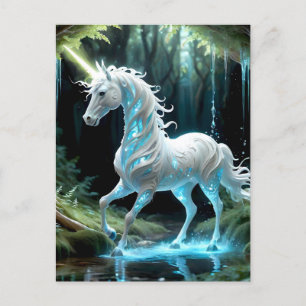 Enchanted, Blue & White Unicorn Walking in Stream Postcard