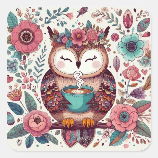 Enchanted Boho Owl: Whimsical Floral Art Square Sticker (Front)