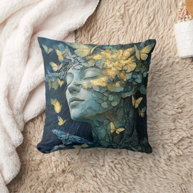 Enchanted Butterfly Forest Goddess (4) Throw Pillow (Blanket)
