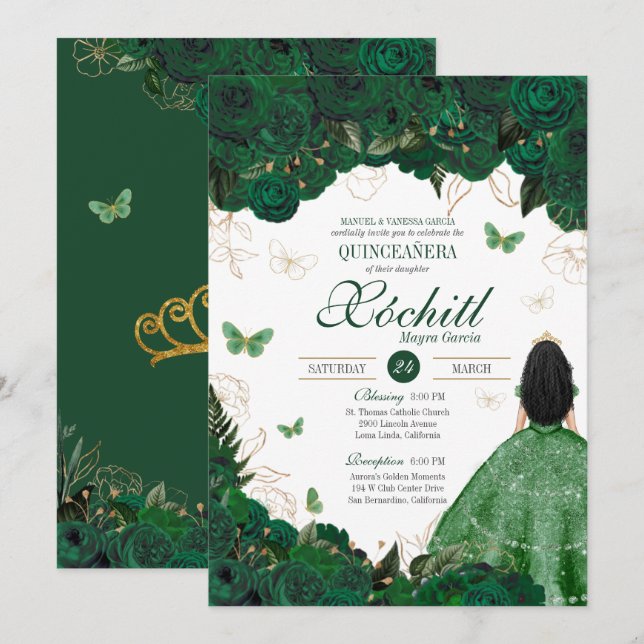 Enchanted Butterfly Garden Emerald Green Quince Invitation (Front/Back)