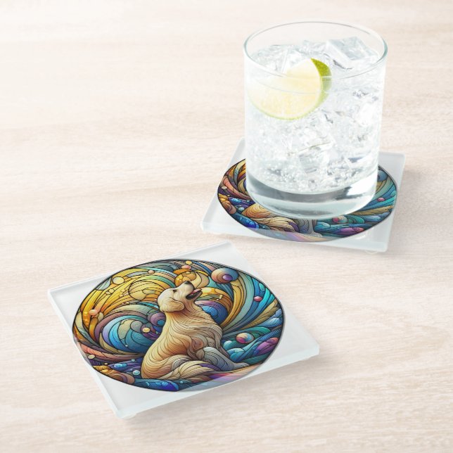 Enchanted Canine on Cosmic Ceramic Swirls Glass Coaster (Angled)