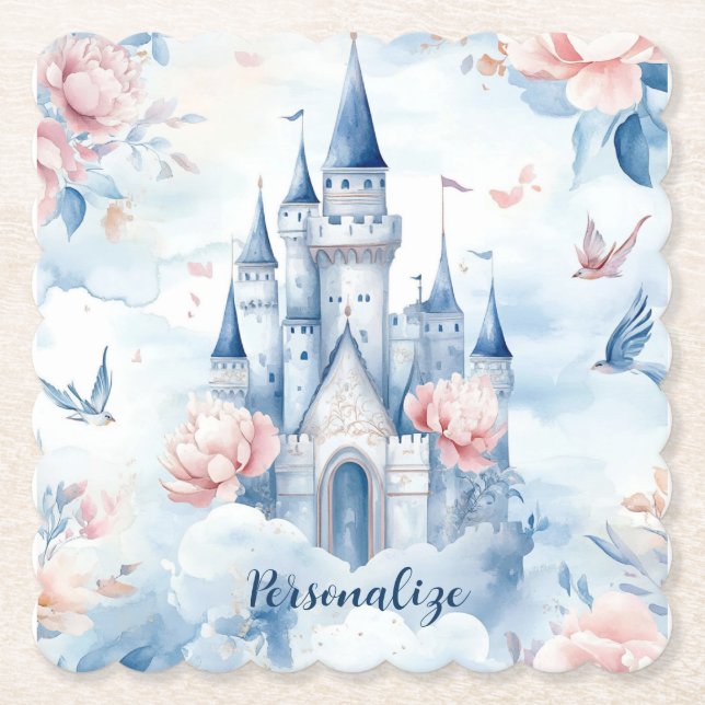 Enchanted Castle in Bloom Pastel Floral Fairytale Paper Coaster (Front)