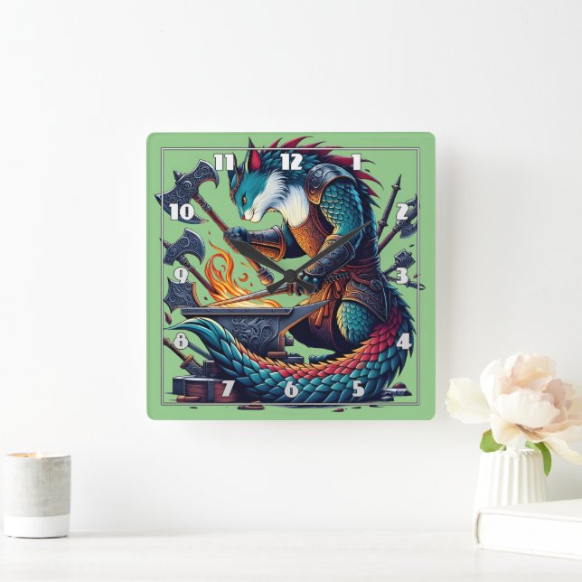 Enchanted Cat Blacksmith Forging Weapons at Dusk Square Wall Clock (Home)