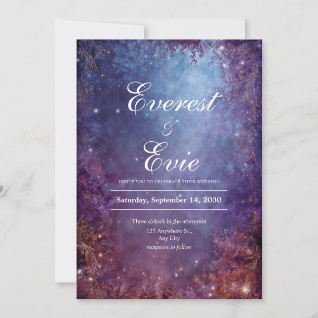 Enchanted Celestial Forest Purple Gold Wedding Invitation (Front)
