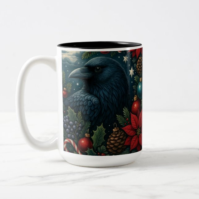 Enchanted Christmas Raven Mug – 15oz Winter Gothic (Left)