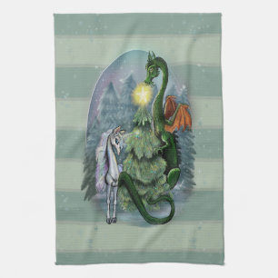 Enchanted Christmas Tree Dragon and Unicorn Kitchen Towel