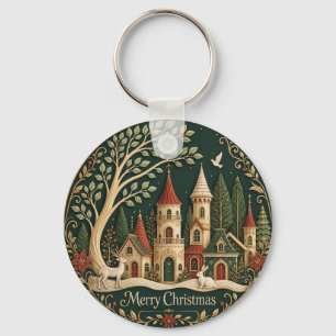 Enchanted Christmas Village in the Evergreen Wood Keychain