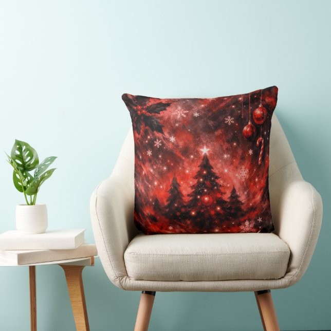 Enchanted Crimson Christmas Night Throw Pillow (Chair)