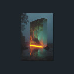 Enchanted Crystal Monolith Forest Glow Canvas Print<br><div class="desc">A towering rectangular crystal monolith stands on a misty rocky shoreline at twilight. Inside its translucent depths, a vibrant lush forest with dense green trees glows with warm golden-orange light that spills out as a radiant horizontal band, perfectly reflected on the wet rocks and shallow water below. The dark exterior...</div>