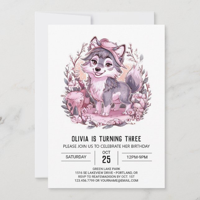 Enchanted Cute Digital Wolf Birthday Invitation (Front)