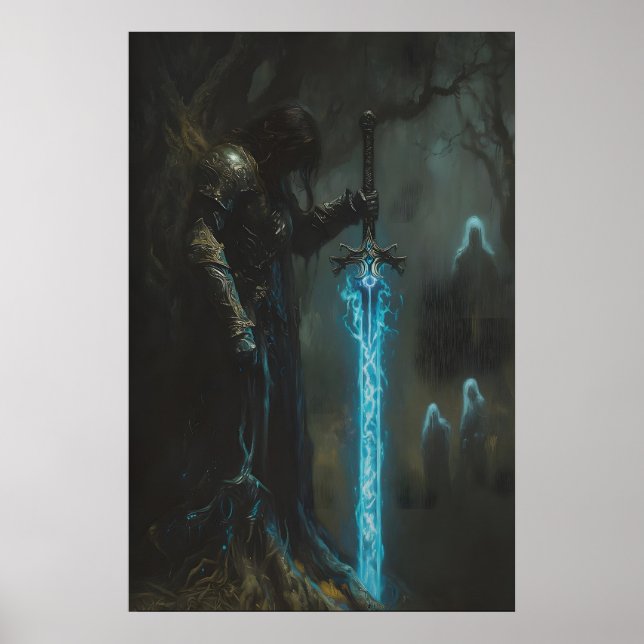 Enchanted Dark Medieval Knight with Glowing Sword Poster (Front)