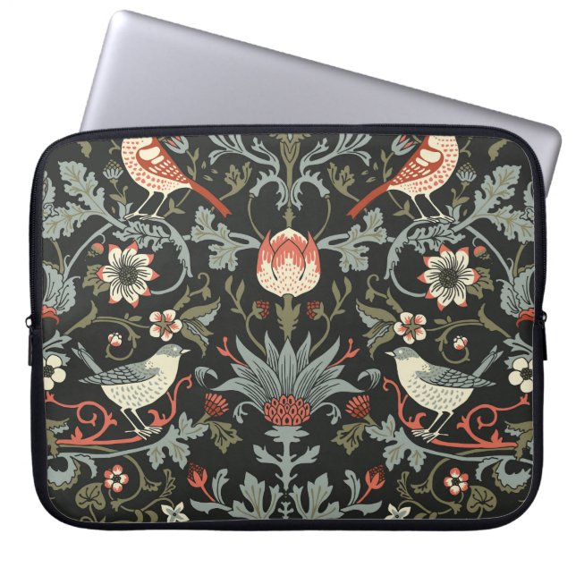 Enchanted Dark Vintage Floral Birds Laptop Sleeve (Front)