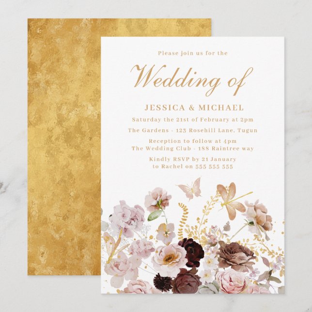 Enchanted Dream: Blush Gold Magical Floral Wedding Invitation (Front/Back)