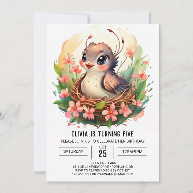  Enchanted Editable Bird Birthday  Invitation (Front)