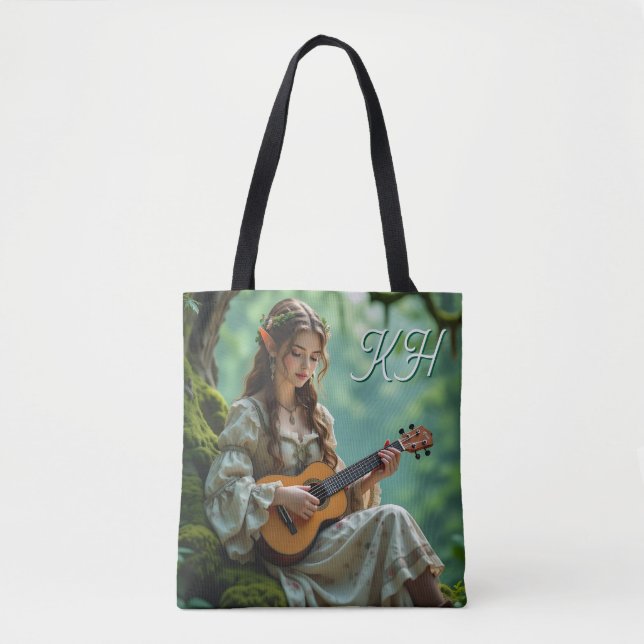 Enchanted Elven Girl Playing a Ukulele  Tote Bag (Front)