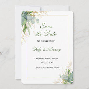 Enchanted Emerald Leaves Gold Botanical Wedding Save The Date