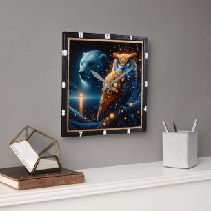Enchanted Evening With Bear and Owl in Harmony Square Wall Clock