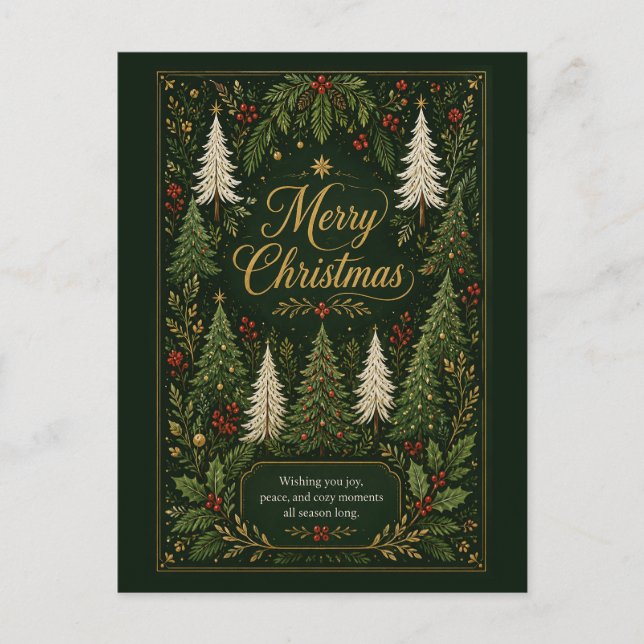 Enchanted Evergreen Greetings Holiday Postcard (Front)