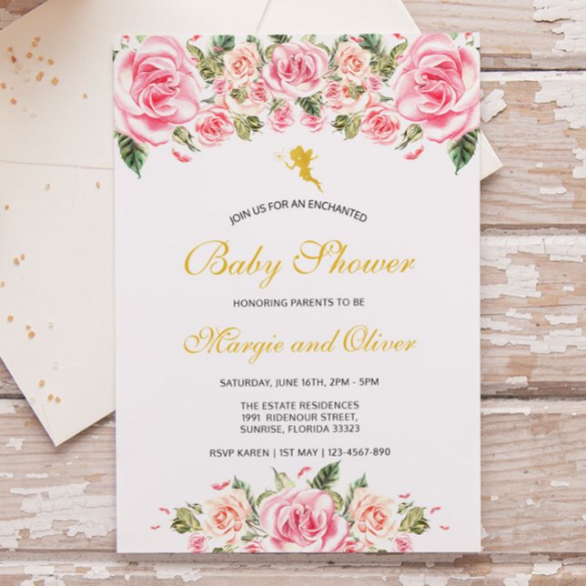 Enchanted Fairies Pink Florals Baby Shower Invitation (Creator Uploaded)