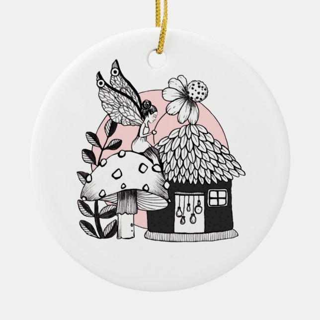 Enchanted fairy And Fairy House Ceramic Ornament (Front)