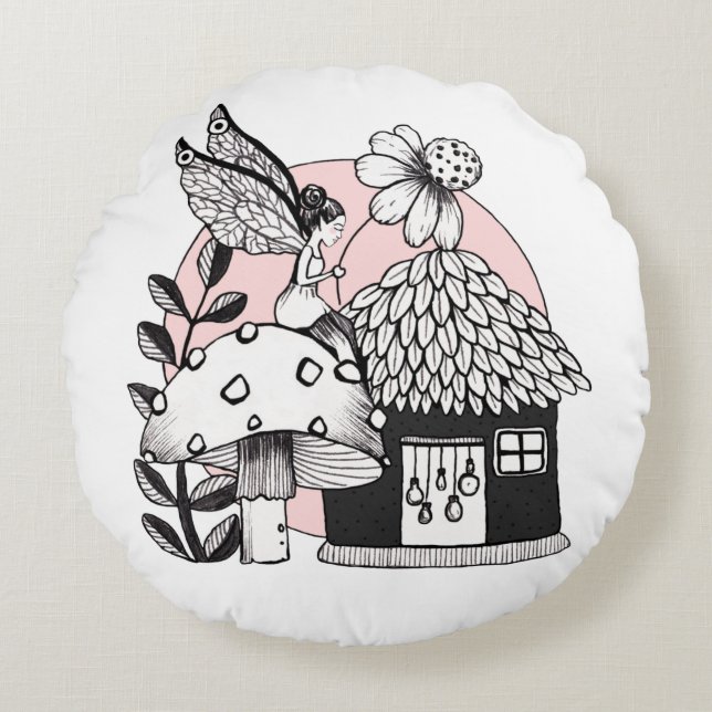 Enchanted Fairy And Fairy House Round Pillow (Front)