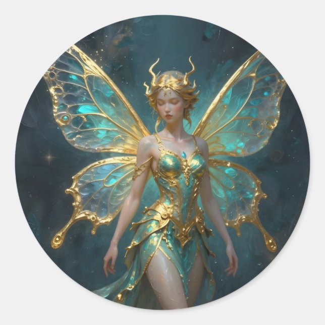 Enchanted Fairy in Gold and Turquoise  Classic Round Sticker (Front)