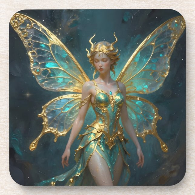Enchanted Fairy in Gold and Turquoise  Coaster (Front)