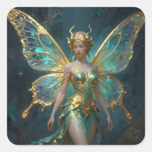 Enchanted Fairy in Gold and Turquoise Square Sticker
