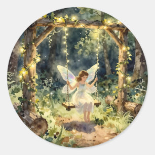 Enchanted Fairy on a Swing in a Magical Forest Classic Round Sticker