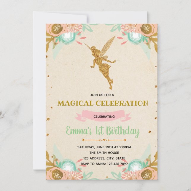 Enchanted fairy princess birthday party invitation (Front)