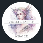 Enchanted Fairy Wedding Classic Round Sticker<br><div class="desc">Enchanted wedding stickers for your guests or as envelope seals. Elegant type and ethereal pretty watercolor fairy in pastel violet.</div>