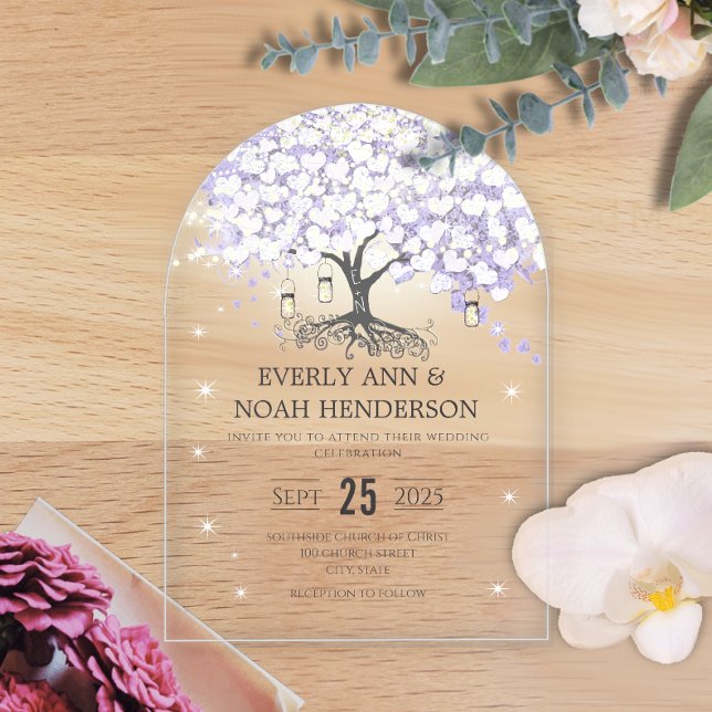 Enchanted Fairytale Lilac Heart Leaf Tree Wedding Acrylic Invitations (Creator Uploaded)