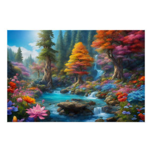 Enchanted Fantasy Forest, Waterfall, Flowers  Poster