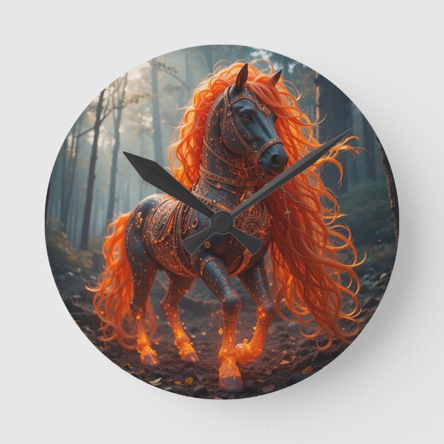 Enchanted Fiery Horse With Vibrant Mane Round Clock (Front)