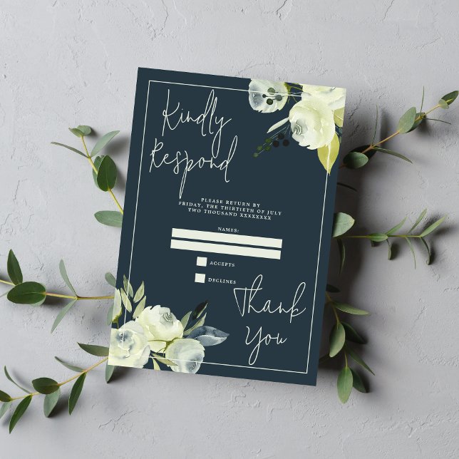 Enchanted Floral Midnight Blue Wedding RSVP Card (Creator Uploaded)