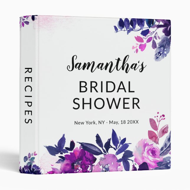 Enchanted Floral Purple Bridal Shower Recipe Card Binder (Front/Spine)