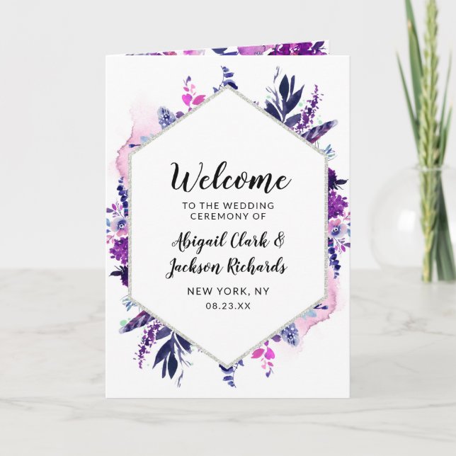 Enchanted Floral Purple Hexagon Wedding Ceremony Program (Front)