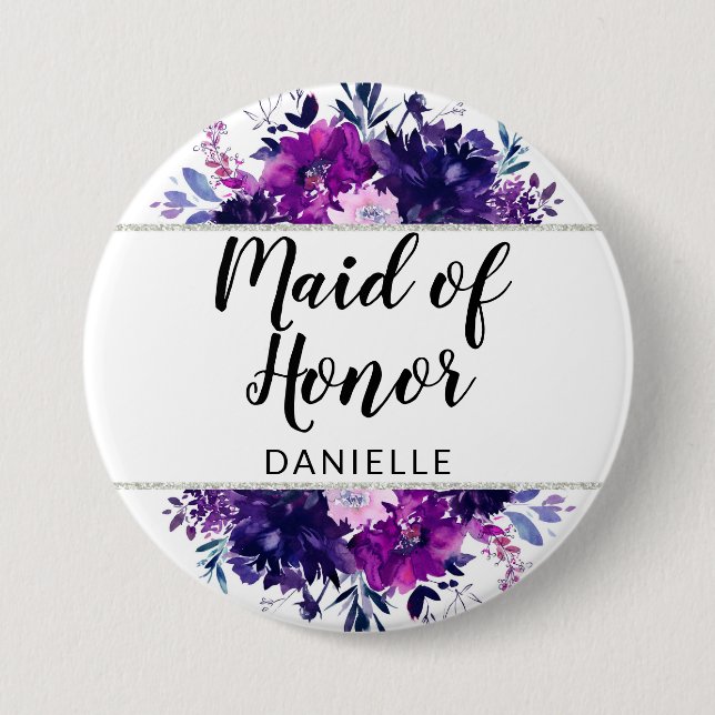 Enchanted Floral Purple Maid of Honour Monogrammed 3 Inch Round Button (Front)