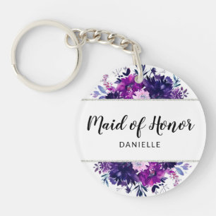 Enchanted Floral Purple Maid of Honour Monogrammed Keychain