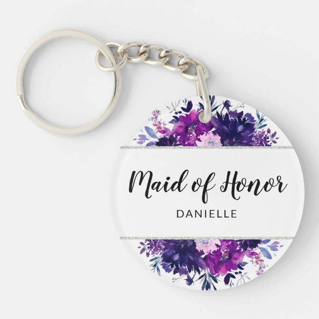 Enchanted Floral Purple Maid of Honour Monogrammed Keychain (Front)