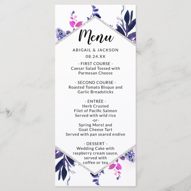 Enchanted Floral Purple Wedding Reception Dinner Menu (Front)