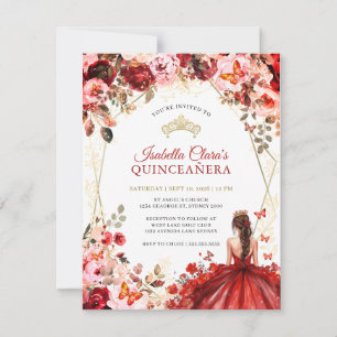 Enchanted Floral Scarlet Elegance Gold Quinceanera RSVP Card