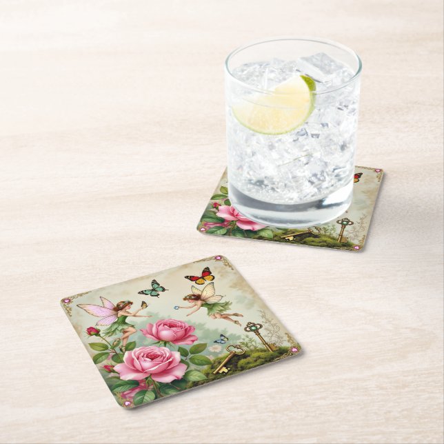 Enchanted Flroral Fairies Garden Square Paper Coaster (Insitu)