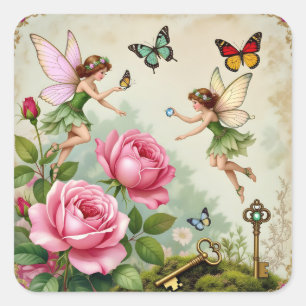 Enchanted Flroral Fairies Garden Square Sticker