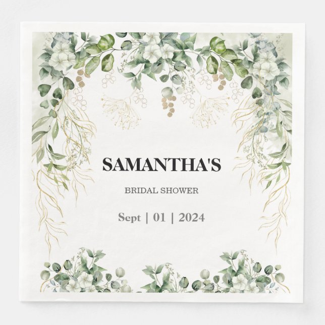 Enchanted Foliage Gold & Green Bridal Shower Napkin (Front)