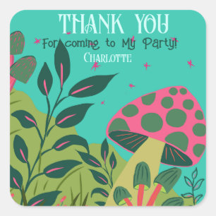 Enchanted Forest and Mushrooms Kids Birthday Party Square Sticker