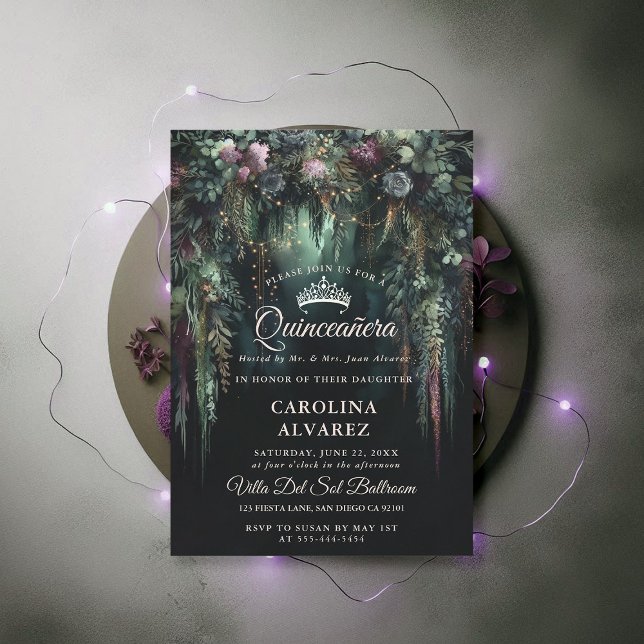 Enchanted Forest Arch Fairytale Floral Quinceañera Invitation (enchanted forest quinceanera emerald green mauve purple arch woodland fairy tale faerie invitation)